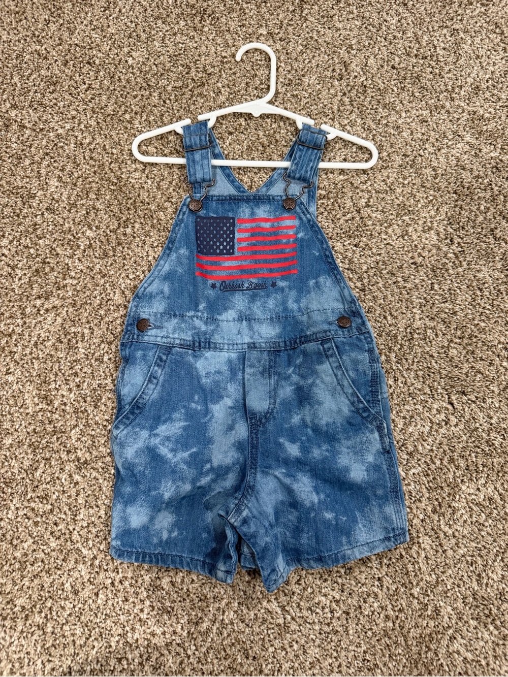 OshKosh B’gosh Blue Denim Short Overalls with American Flag 24 months